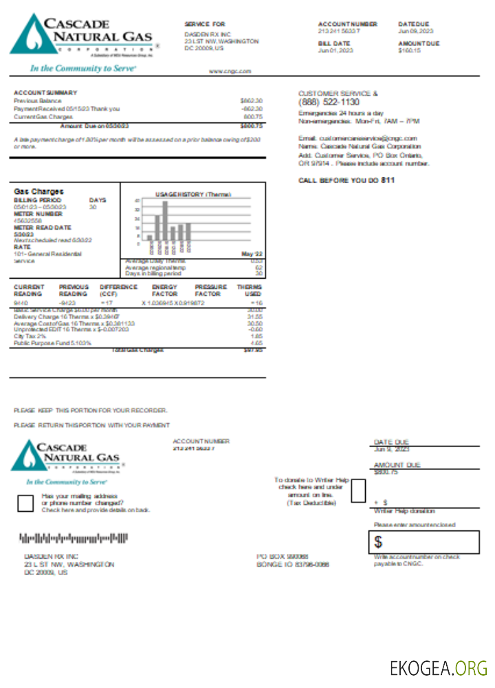 Facture commerciale du service public de gaz naturel Cascade SCR